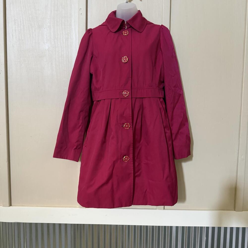 Betsey Johnson Rain Coat Womens Medium Pink Hooded Leopard Faux Fur Lined Flower